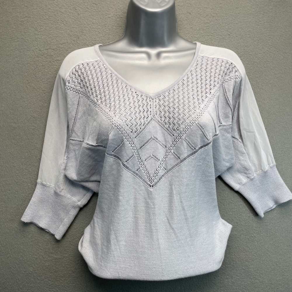 NWT Worthington Women Sweater Pointelle Knit Sheer Sleeve Blue Grey SZ:S Dolman